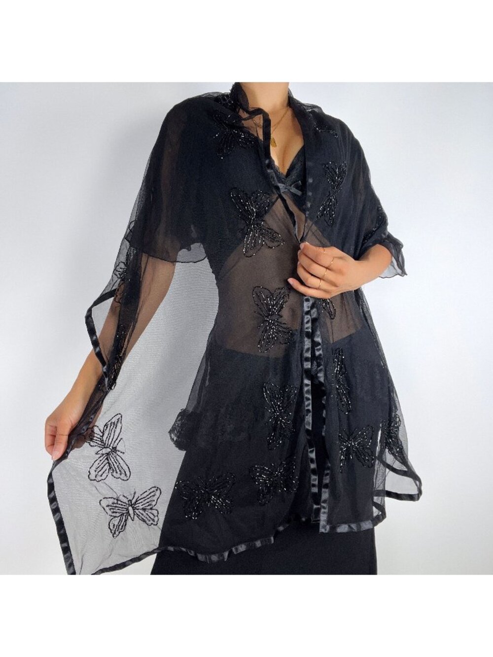 Vintage Y2K Black Butterfly Beaded Sheer Scarf Whimsygoth Boho / One Size